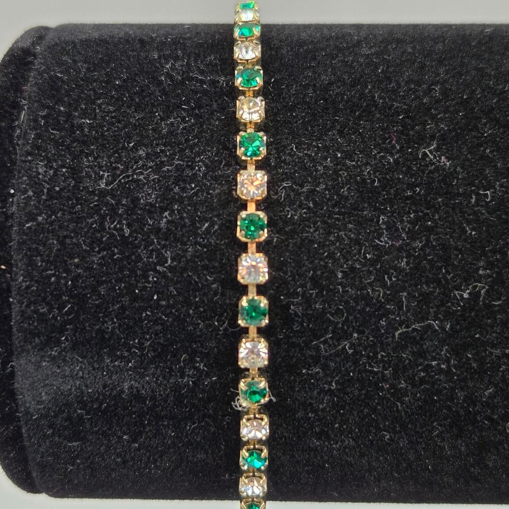 Vintage Gold-Tone Tennis or Ankle Bracelet Green & Clear Rhinestones 8.5"